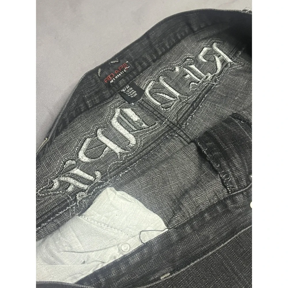 Vintage Y2K Gothic embroidered RED APE baggy jeans wide-leg streetwear 46Wx32L